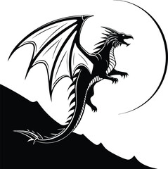 Mythical black winged dragon soaring in flight against a full moon over mountain peaks, fantasy beast silhouette illustration vector.