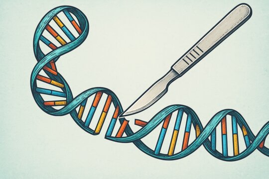 Illustration of DNA strand being cut with a scalpel, genetic engineering concept - Powered by Adobe
