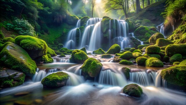 Lush green forest waterfall with moss covered rocks and sunbeams filtering through trees
