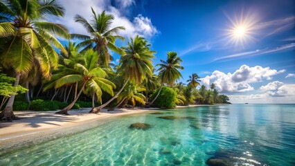 Lush tropical palm trees line a pristine white sand beach beside a crystal clear turquoise ocean under a sunny sky