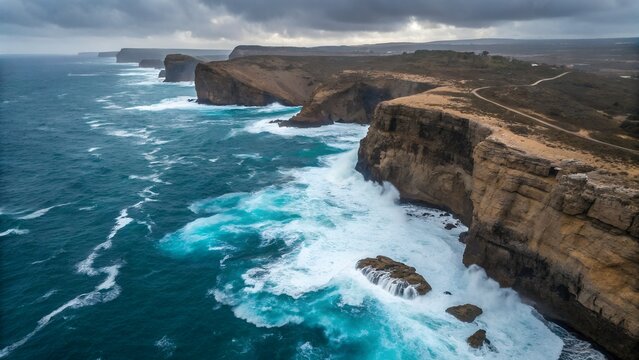 Dramatic coastal cliffs meet turquoise ocean waves under a cloudy sky