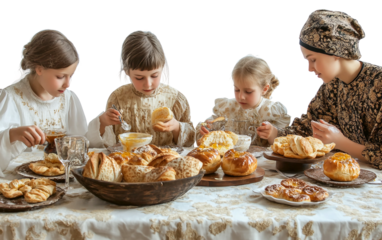 Close up of a Russian family enjoying traditional sochivo and sweet honey pastries during celebration isolated on transparent background PNG