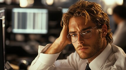 A stressed man in glasses sits at his desk, hand on head, in a busy office