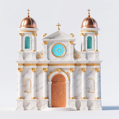 Fototapeta premium A serene white marble church with gold trim and copper domes, symbolizing spirituality and faith, rendered in a realistic style with intricate details and subtle shading.
