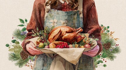 Close-up watercolor illustration of hands holding a garnished roasted turkey on platter, surrounded by fruits and winter foliage. Ideal for rustic holiday recipes, cards or artisanal food themes