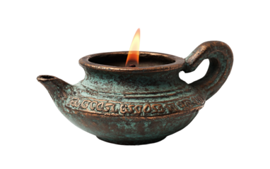 Rustic oil lamp with wick and glowing flame creating a traditional and warm symbolic ambiance isolated on transparent background PNG