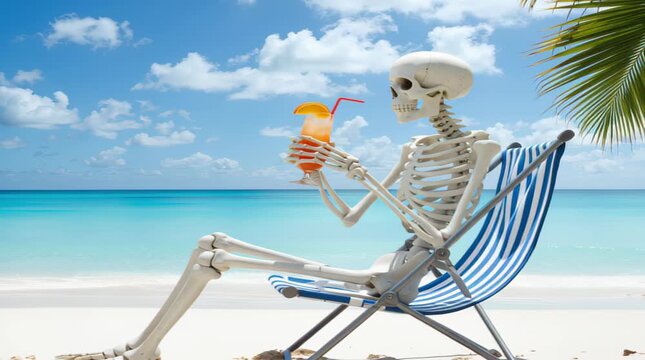 skeleton on beach drinking cocktail