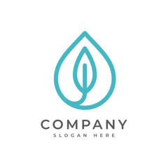 Water drop logo with leaf inside in flat vector design style