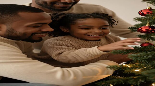 a man and two children decorating a christmas tree
