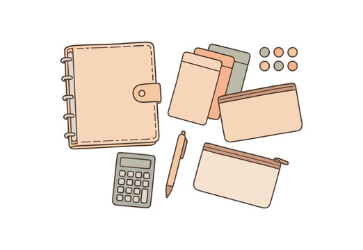 flat vector handdrawn soft palette clean outlines white background budget binder cash envelopes zipper pouch calculator pen sticker dots no logos no gloss