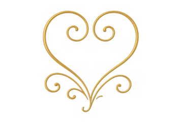 Golden heart shaped filigree swirl illustration forming an ornate elegant romantic design, transparent background