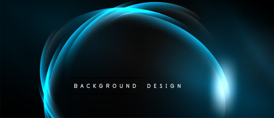 Abstract blue neon curves over dark background. Modern design element, glowing lines create dynamic visual impact. Simple, elegant.