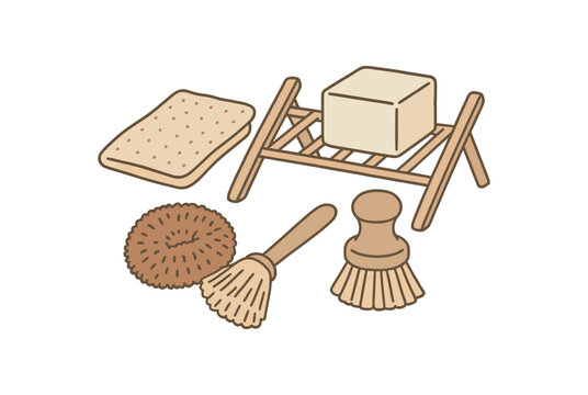 flat vector handdrawn soft palette clean outlines white background cleaning solids dish scrub brush wood coconut scourer cloth rack no logos no gloss