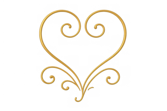 Golden heart shaped filigree swirl illustration forming an ornate elegant romantic design, transparent background