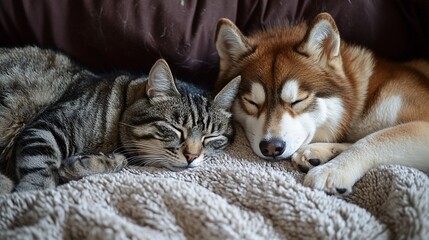 A tabby cat and husky dog cuddle closely while sleeping peacefully on a soft, textured blanket