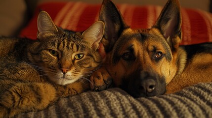 A tabby cat and German Shepherd dog cuddle closely together on a cozy blanket.  Their heads rest side-by-side, showcasing a heartwarming bond