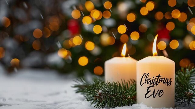 Christmas Eve evening, candles burning in the snow near the Christmas tree, snowing, video wishing a Merry Christmas and a Happy New Year