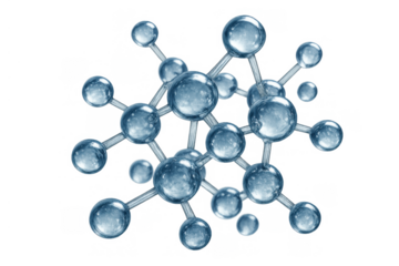 Molecular structure with blue transparent atoms and connecting bonds representing scientific research and chemistry