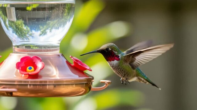A hummingbird drinks nectar from a feeder in a garden on a sunny day