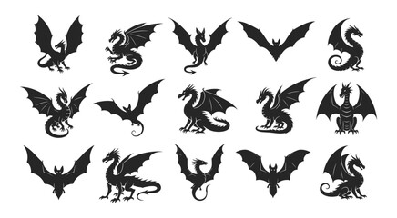 Collection of black dragon and bat silhouettes in various poses mythical creature