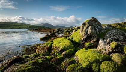 Close Up Of A Rugged Weathered Rock Formation Covered With Patches Of Moss Showcasing Natural Erosion Textures And Geological Detail Under Soft Daylight At The Isle Of Mull