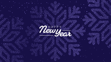 Happy New Year digital greeting card on a background of dotted snowflakes. Winter holiday celebration banner with new beginning concept.