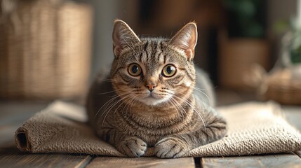 A tabby cat rests on a burlap mat, looking directly at the camera.  Warm, inviting indoor setting