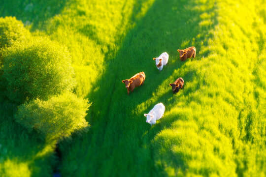 Scottish highland cattle in pasture aerial perspective