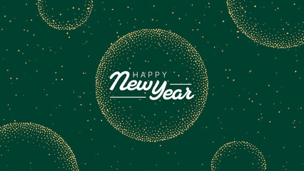 Happy New Year festive banner with golden sparkling circles and dots on a dark green background for holiday greeting card or invitation.