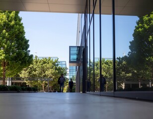 Coworkers Arriving at Modern Glass Office Building Entrance