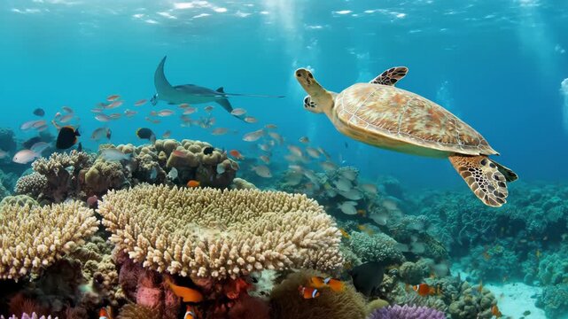 Sea turtle swimming near coral reef with manta rays in ocean water. A captivating underwater scene of marine life. Ocean conservation, ecosystem, underwater world.