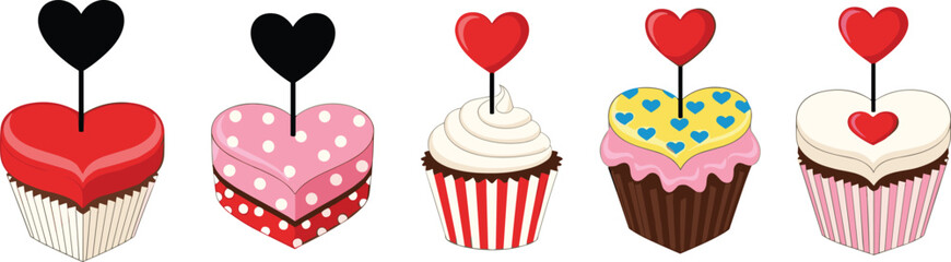 Five heart shaped cupcakes with decorative toppers and varied frosting and wrappers