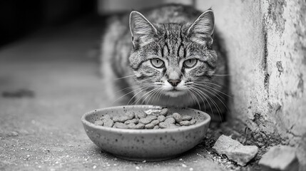 A tabby cat stares intently at its food bowl, situated on a rough, textured ground near a weathered wall.  The monochrome image emphasizes the cat's serious expression