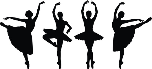 Four black silhouette ballet dancers in various graceful poses on white background © Olaja Vector Vision