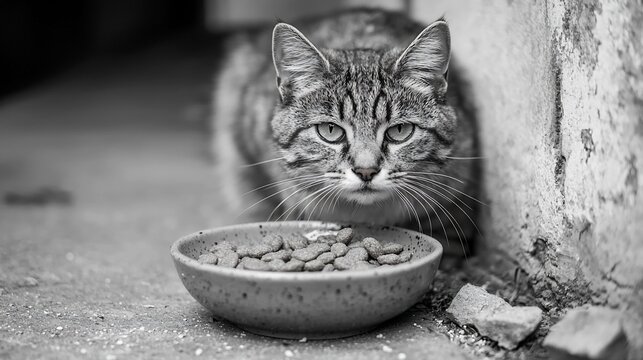 A tabby cat stares intently at its food bowl, situated on a rough, textured ground near a weathered wall.  The monochrome image emphasizes the cat's serious expression