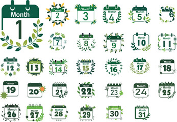 Collection of calendar date icons from 1 to 31, isolated on