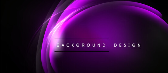 Abstract purple light curves form elegant backdrop. Text reads background design centered within glowing shape. Minimalist, modern aesthetic.