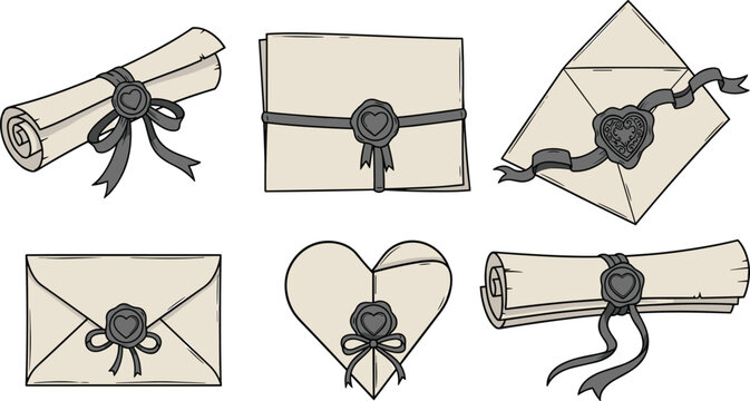 Set of six vintage style envelopes and scrolls with wax seals heart ribbon