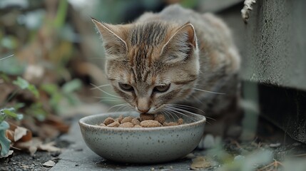 A tabby kitten intently eats kibble from a bowl outdoors.  Autumn leaves surround the scene
