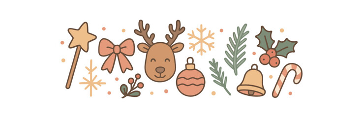 Cozy Christmas flat vector illustration collection of cute festive icons reindeer head wand ribbon bow snowflake ornament ball fir branch holly berries tiny dots bell candy cane arranged