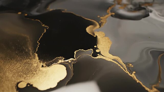Sophisticated black and gold table setting featuring sleek white vase, textured black and white marble slab, golden plate with map of Africa, and striking black and gold painting adorning the.
