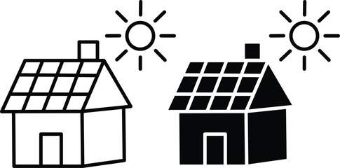 Eco Friendly House With Solar Panels Sun And Electricity Power Vector Silhouette and Pictogram..eps