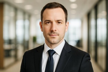 Fototapeta premium Confident businessman in a suit looking directly at the camera in a modern office