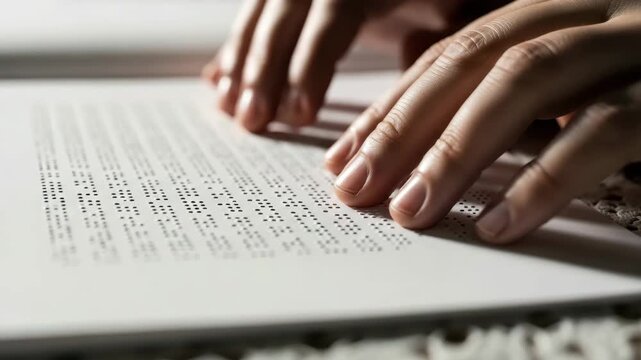 Closeup of hands reading braille on white paper with tactile writing system