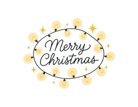 Flat vector illustration with text MERRY CHRISTMAS thin monoline script font surrounded by glowing fairy lights and stars elegant holiday flat vector style isolated on white background
