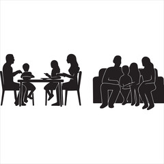 Family moments silhouette collection featuring parents and children dining at a table and relaxing together on a sofa, depicting daily domestic life and togetherness. isolated on white background