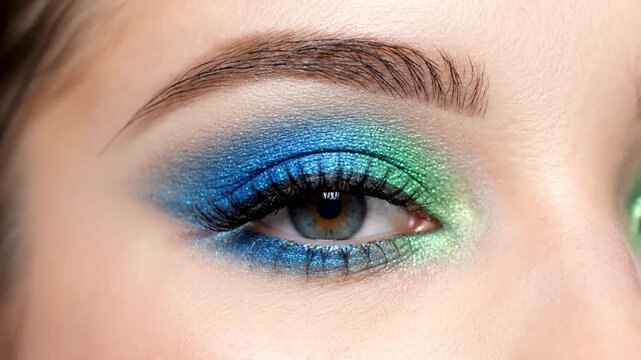 A close-up of a woman's eye beautifully adorned with vibrant blue and green glitter eyeshadow.