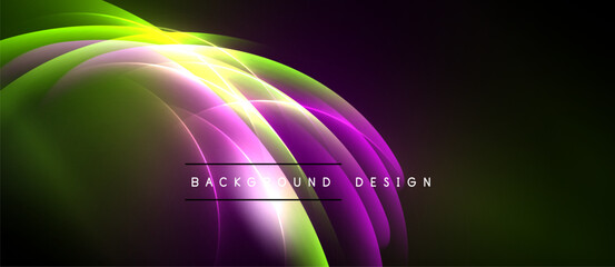 Abstract vibrant waves, purple, green hues. Modern design element with glowing lines over black backdrop. Text reads background design.