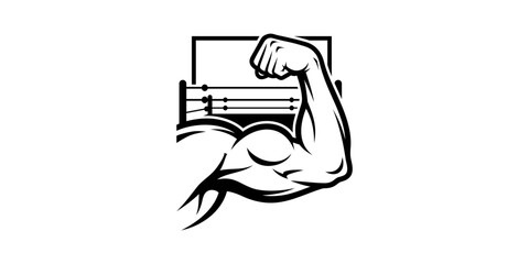 Monochrome vector icon of a powerful flexed bicep in front of a boxing ring, a symbol of strength for gym and combat sports. Scalable graphic for a logo or emblem