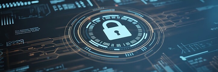 A digital padlock icon symbolizes cyber security and network data protection technology, featuring a virtual interface dashboard for online privacy and business data security. padlock